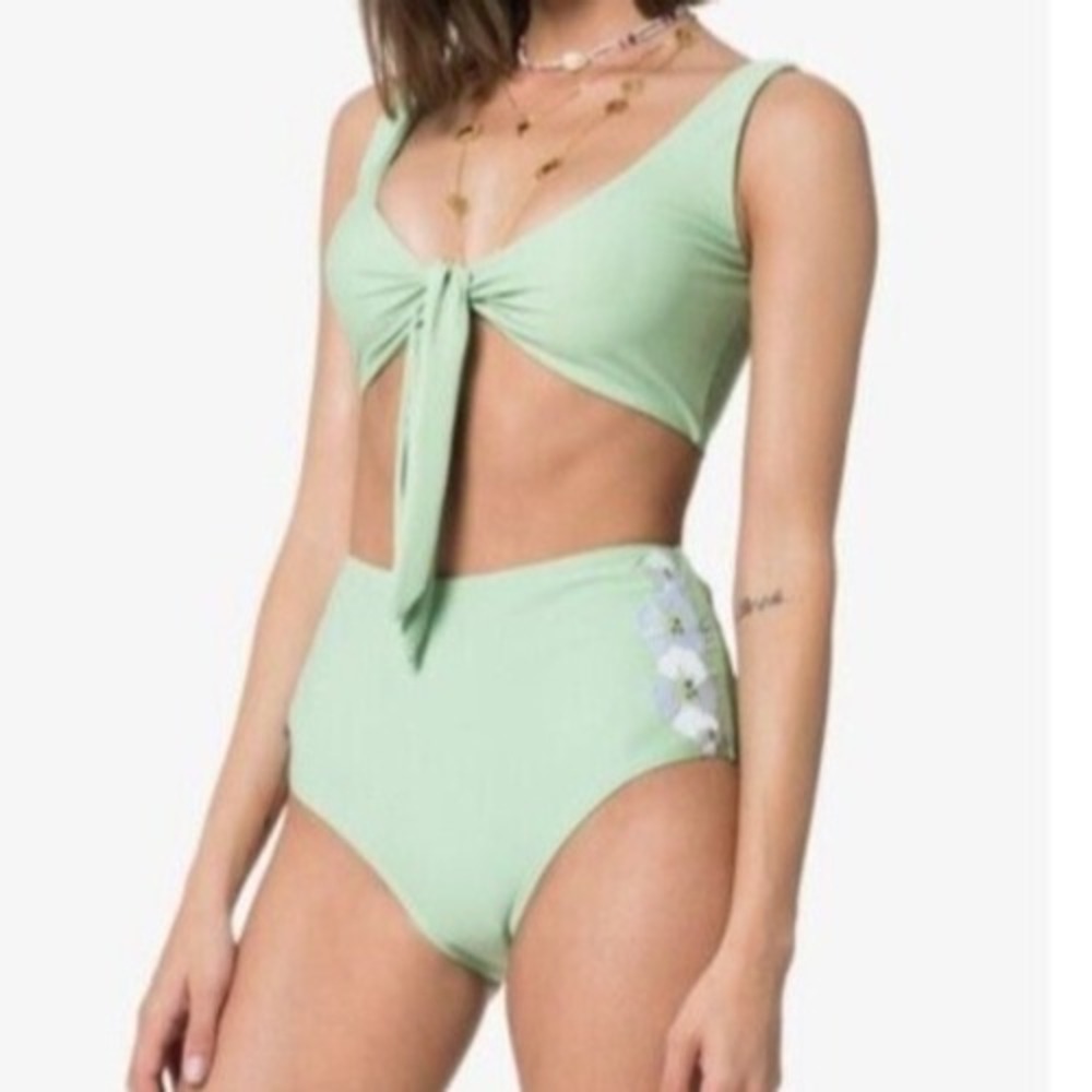 ALL THINGS MOCHI Lily GREEN/WHITE Embroidered Floral 2 PIECE Bikini Swimsuit L